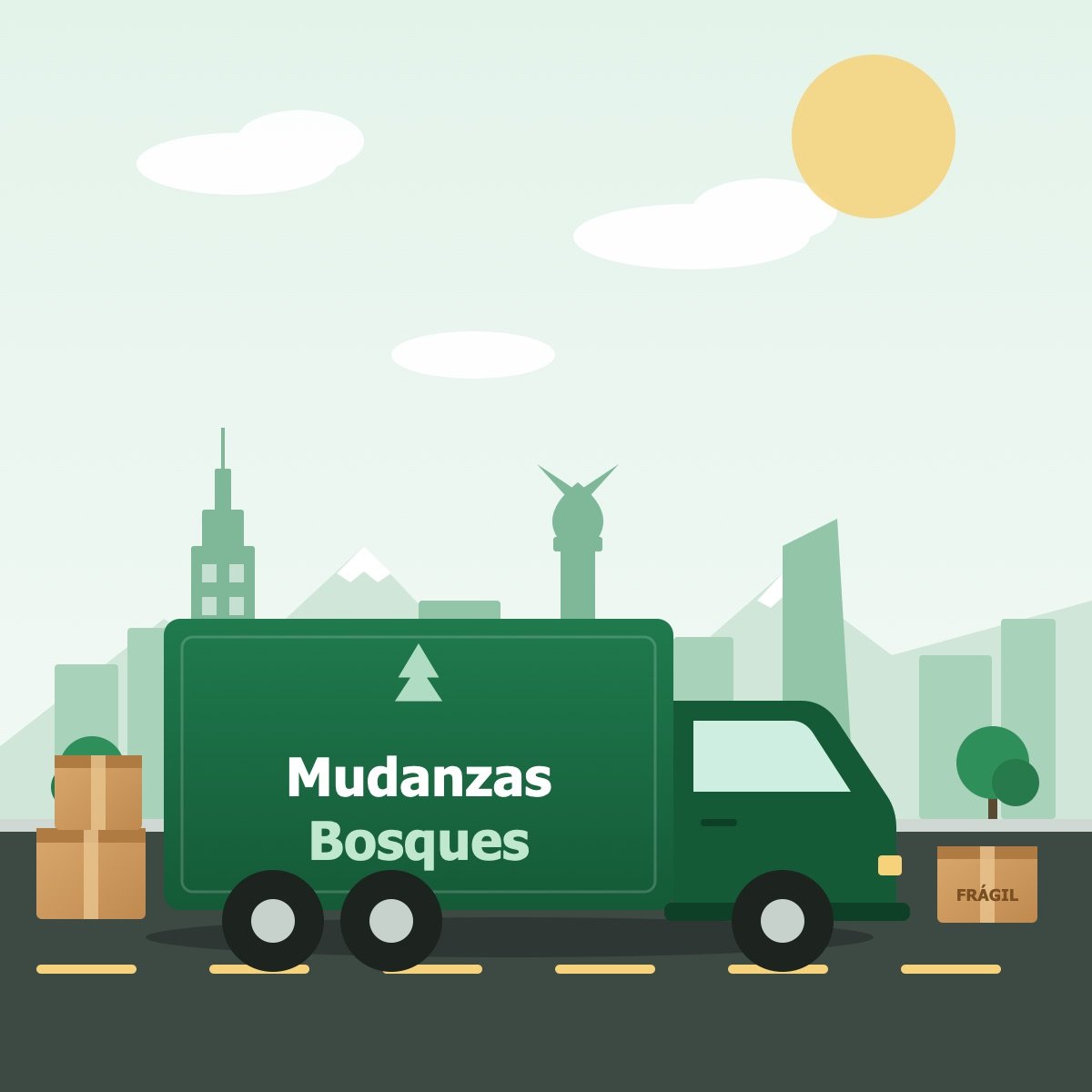 Camión de fletes y mudanzas en CDMX de Mudanzas Bosques frente al skyline de la Ciudad de México